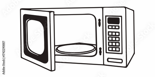 Illustration of an open microwave oven with a control panel on the right side in black and white style