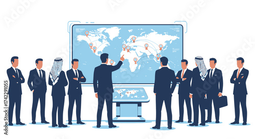 Business team meeting around a world map global strategy concept.