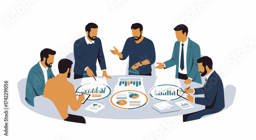 Business team meeting around a table discussing financial data and strategies.
