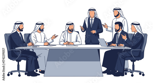 Business meeting of Arab men in traditional attire discussing work.