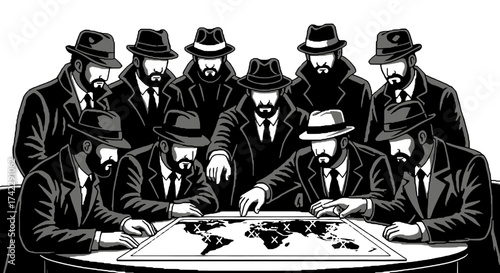 Group of men in suits and hats around a world map.
