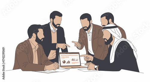 Business team meeting around a laptop computer discussing data analysis and strategy.