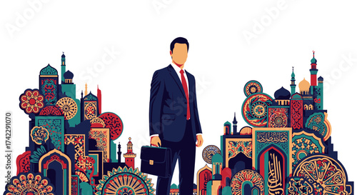 Businessman in Suit Holding Briefcase Standing in Front of Decorative Buildings.