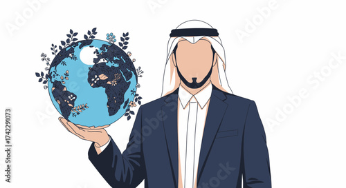 Arab man holding the world with floral design environmental concept.