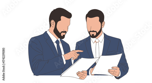 Two businessmen in suits discussing documents collaboration and teamwork concept.