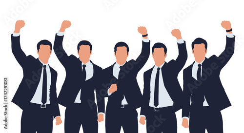 Group of businessmen celebrating success with raised fists.