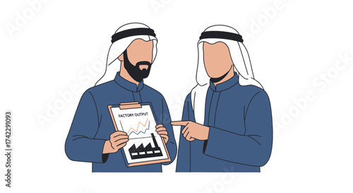 Two Arab Businessmen Discussing Factory Output on a Clipboard.
