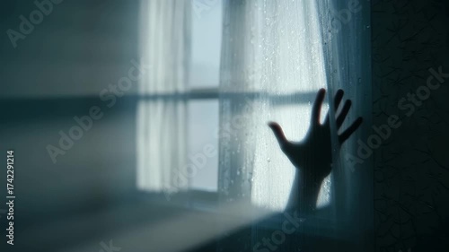 Creepy room features eerie hand shadow on window at dusk, casting an unsettling atmosphere throughout the space