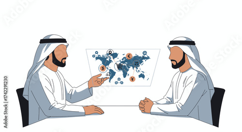 Two Arab men discussing global business strategy with world map.
