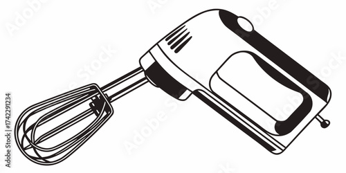 Illustration of a hand mixer with beaters attached in a black and white vector graphic style design