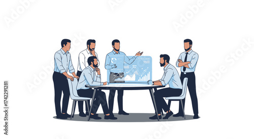 Business team meeting around a table with data analysis presentation.
