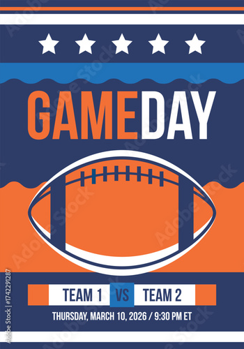 Game Day. American football playoff. Super Party in United States. Final game of regular season. Professional team championship. Ball for american football. Sport poster. Vector illustration