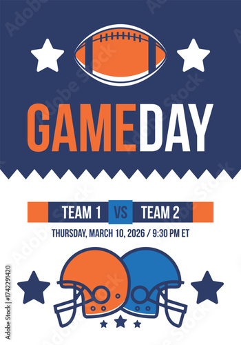 Game Day. American football playoff. Super Party in United States. Final game of regular season. Professional team championship. Ball for american football. Sport poster. Vector illustration