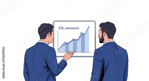 Business professionals analyzing CO2 emissions graph discussing environmental impact and strategies.