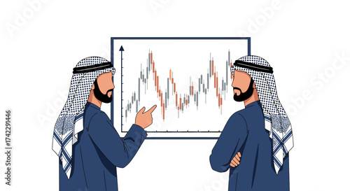 Two Arab men analyzing stock market chart business meeting concept.