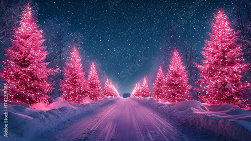 A magical winter road lined with glowing pink Christmas trees under a starry night sky