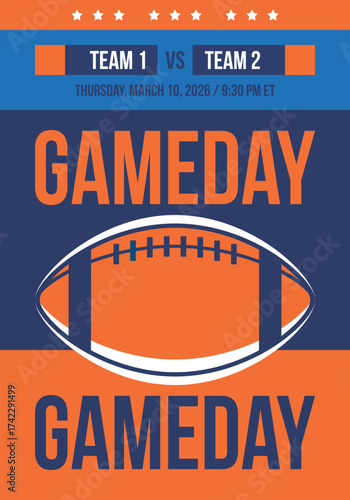 Game Day. American football playoff. Super Party in United States. Final game of regular season. Professional team championship. Ball for american football. Sport poster. Vector illustration