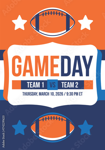 Game Day. American football playoff. Super Party in United States. Final game of regular season. Professional team championship. Ball for american football. Sport poster. Vector illustration
