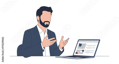 Man in a suit presenting with laptop online meeting video conference.