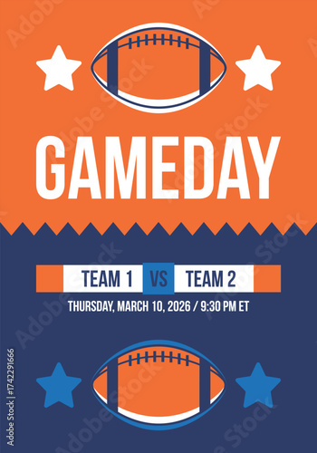 Game Day. American football playoff. Super Party in United States. Final game of regular season. Professional team championship. Ball for american football. Sport poster. Vector illustration