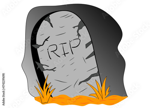 A cartoon illustration of a classic, weathered tombstone or gravestone set against a dark background,  representing a spooky night or a dark setting