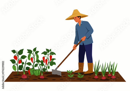 A farmer wearing a straw hat is tending to his garden, using a hoe to cultivate the soil around his plants.