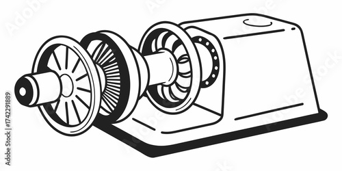 Illustration of a mechanical device with visible wheels and internal components in black and white style