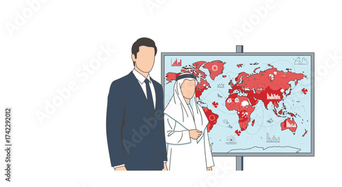 Business people discussing global market analysis with world map.