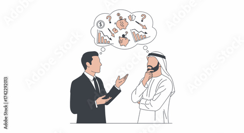 Business discussion between two men about financial issues and investment.