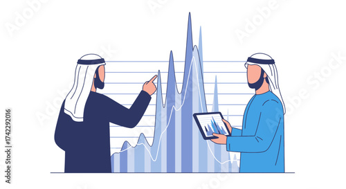 Arab businessmen analyzing financial data on a graph using a tablet and pointing.