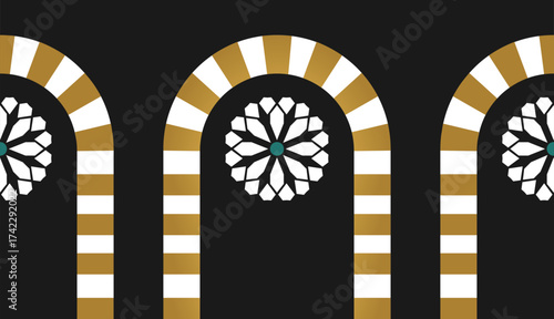 The typical curved design of Middle Eastern architecture with gold and white line patterns, black background, minimalist style and elegant Arabic culture.