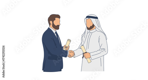 Two men shaking hands holding diplomas business deal agreement partnership cooperation.