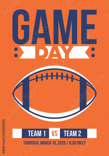 Game Day. American football playoff. Super Party in United States. Final game of regular season. Professional team championship. Ball for american football. Sport poster. Vector illustration