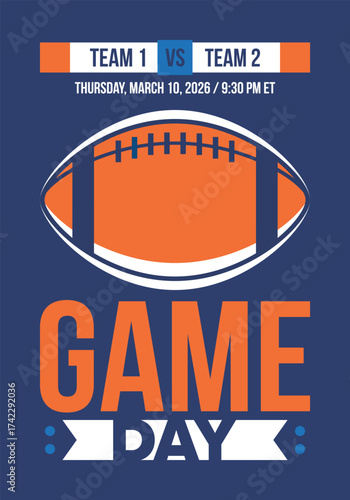 Game Day. American football playoff. Super Party in United States. Final game of regular season. Professional team championship. Ball for american football. Sport poster. Vector illustration