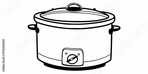 Illustration of a slow cooker with a lid and a control knob in black and white style drawing