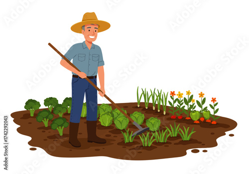 A smiling farmer wearing a straw hat is tending to his vegetable garden with a rake, surrounded by broccoli, cabbage, onions, and flowers.