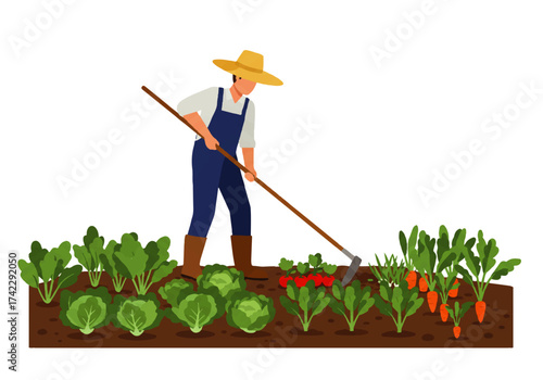 Farmer tending to a vegetable garden with a hoe, growing cabbage, beets, tomatoes, and carrots.