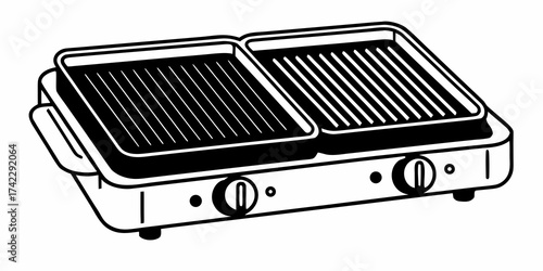 Illustration of a double grill with two separate grilling surfaces and control knobs in black and white