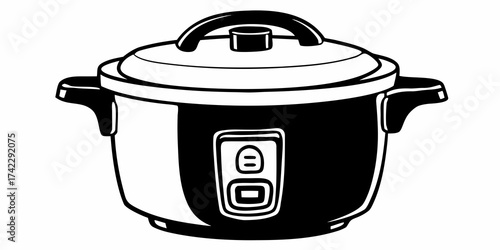 Illustration of a black and white rice cooker with a lid and handles on a white background