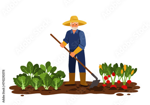 An elderly farmer wearing a straw hat is tilling the soil in his garden, surrounded by rows of vegetables.