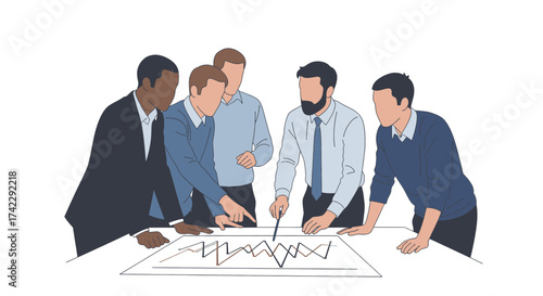 Business team meeting around a table analyzing a graph.