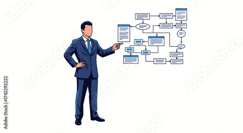 Business professional presenting a complex workflow diagram with a pointing gesture.