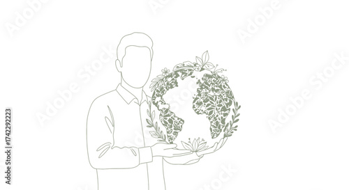 Man holding a floral earth a symbol of environmental protection and sustainability.