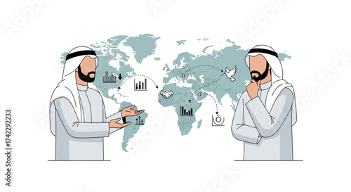 Arab businessmen discussing global business opportunities and strategies with world map background.
