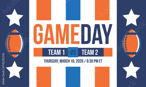 Game Day. American football playoff. Super Party in United States. Final game of regular season. Professional team championship. Ball for american football. Sport poster. Vector illustration
