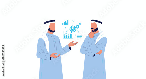 Two Arab men discussing business strategy and financial analysis with charts.