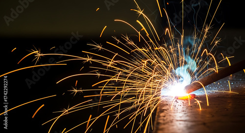 Welding Process Sparks: An eye-catching shot captures the intensity of the welding process, where molten metal is joined with a shower of brilliant sparks, a display of industrial innovation.
