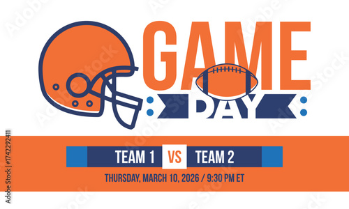 Game Day. American football playoff. Super Party in United States. Final game of regular season. Professional team championship. Ball for american football. Sport poster. Vector illustration