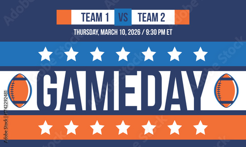 Game Day. American football playoff. Super Party in United States. Final game of regular season. Professional team championship. Ball for american football. Sport poster. Vector illustration