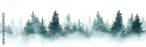 Seamless natural panoramic background, misty landscape with fir forest, hipster vintage retro style